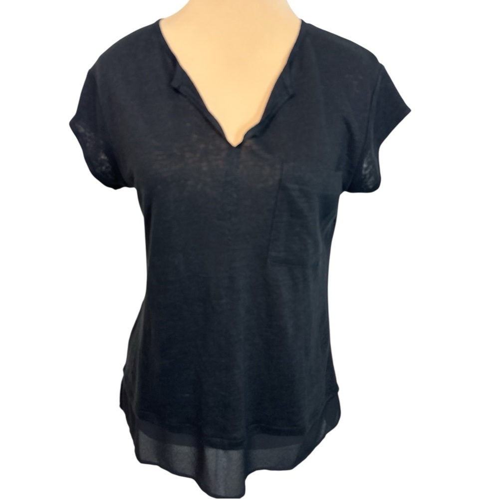 Sanctuary Black Sheer Waist Breast Pocket Blouse Short Sleeve Top XS EUC